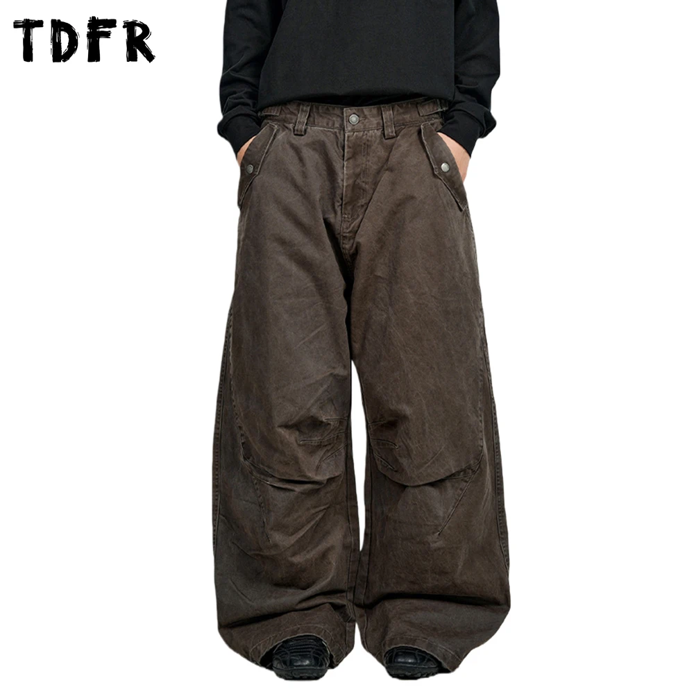 

Ретро потертые брюки-карго мужские с карманами, однотонные повседневные мешковатые широкие плиссированные брюки мужские