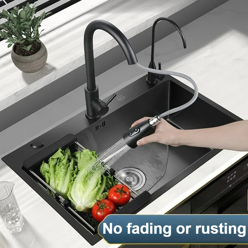 Black Stainless Steel Kitchen Sink Large Dishwasher Pool Single Basin 3 Hole Undermount Modern Home Dish Drainer Multifunctional