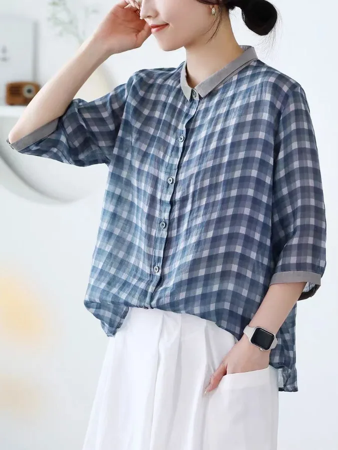 

Slimming Plaid Casual Shirt round Neck Thin Sleeve Seven-Quarter Length Women's Summer New Style T-shirt Comfortable Polyeste...