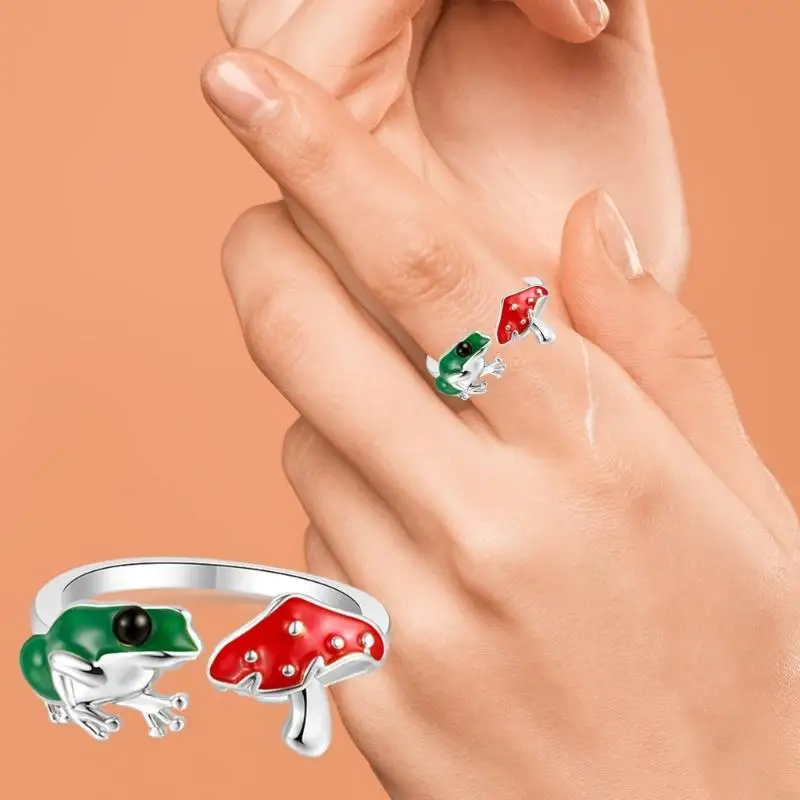 Green Frog Ring Cute Red Mushroom Design Open Adjustable Ring Birthday Christmas Gift Anniversary Party Gifts Jewelry