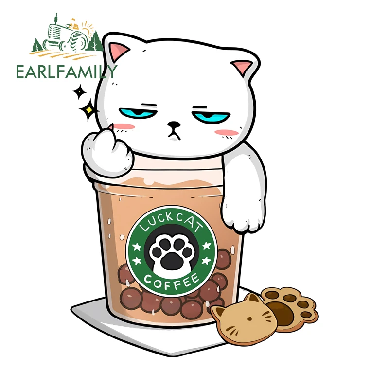 

EARLFAMILY Coffee Cat Cute Car Stickers Laptop Tumbler Creative Decals Car Accessories For SUV JDM ATV Helmet Laptop Decoration