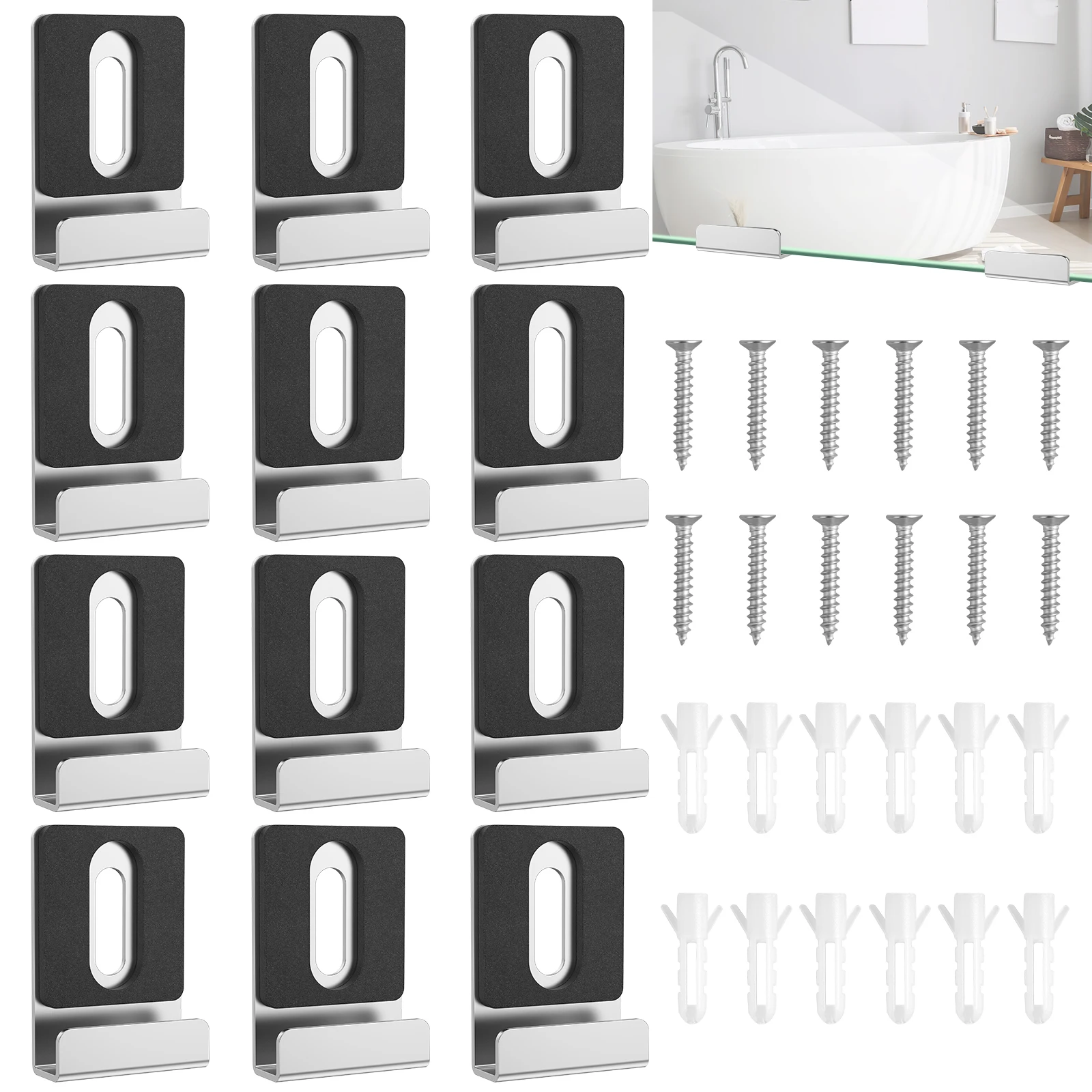 

24/12Pcs Metal Mirror Holder Mirror Clip with Screws Rubber Pads Mirror Hooks for Frameless Mounting Wall Tile Billboard Display