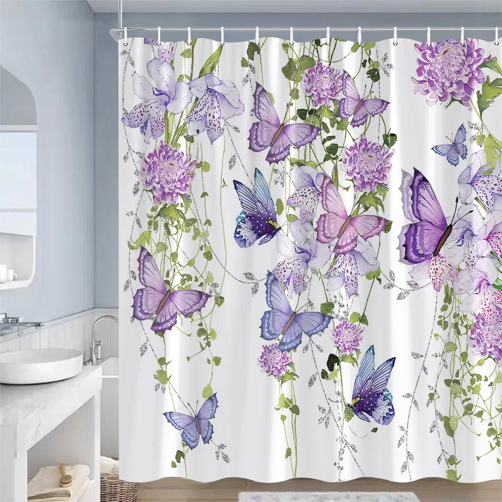 Rustic Floral Shower Curtains Butterfly Watercolour Flowers Plants Purple Lavender Bathroom Curtain Polyester Decor with Hooks