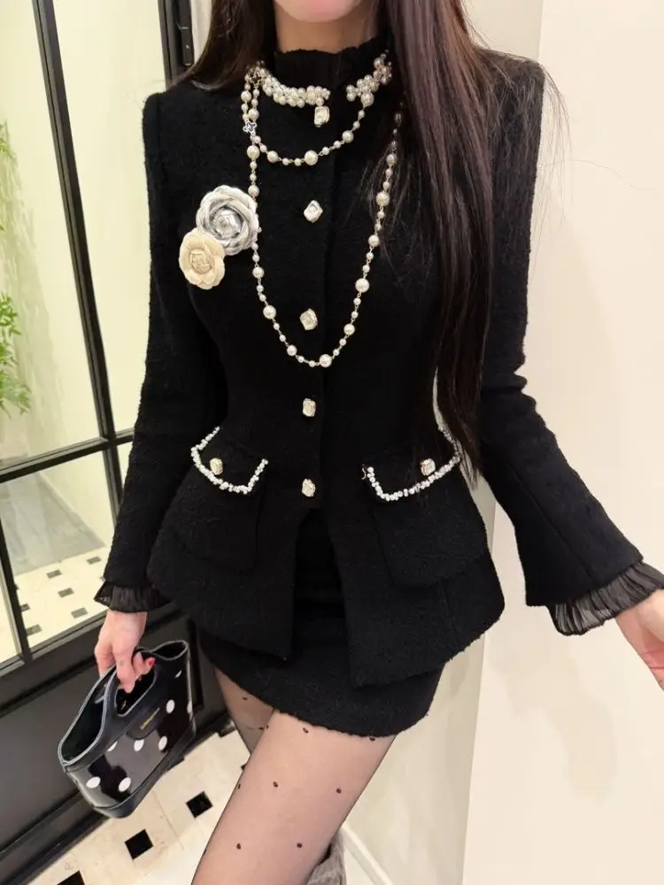 

Korean Elegant Party Two Piece Set Women Tweed Wool Jacket + High Waist Slim Skirt Suit Vintage Women Events Outfits 2026 New