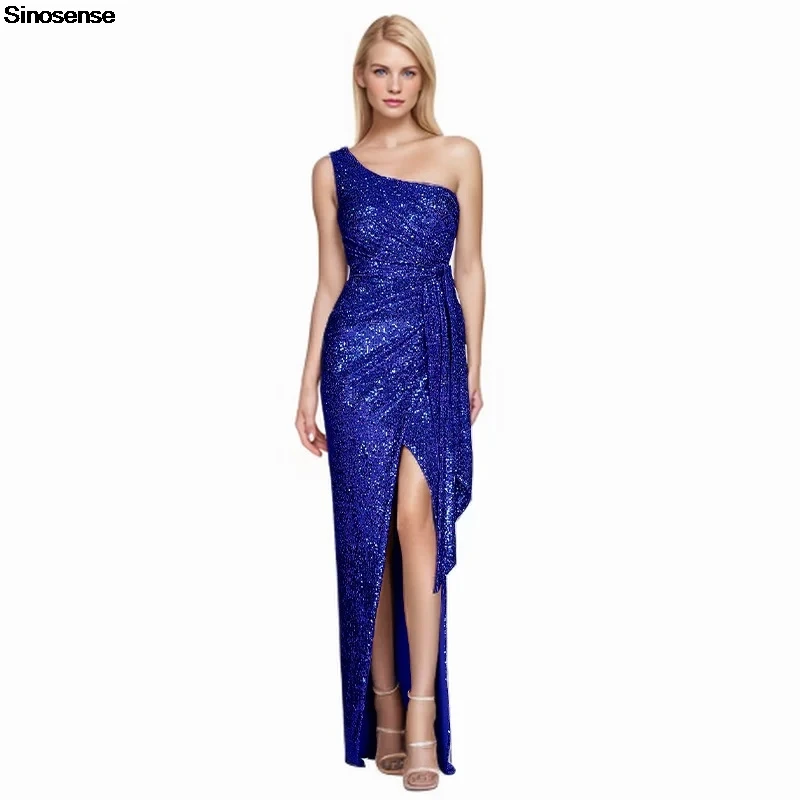 Women Sleeveless One Shoulder Sparkly Glitter Sequin Dress Elegant Long Evening Cocktail Party Wedding Guest Maxi Dresses 3XL