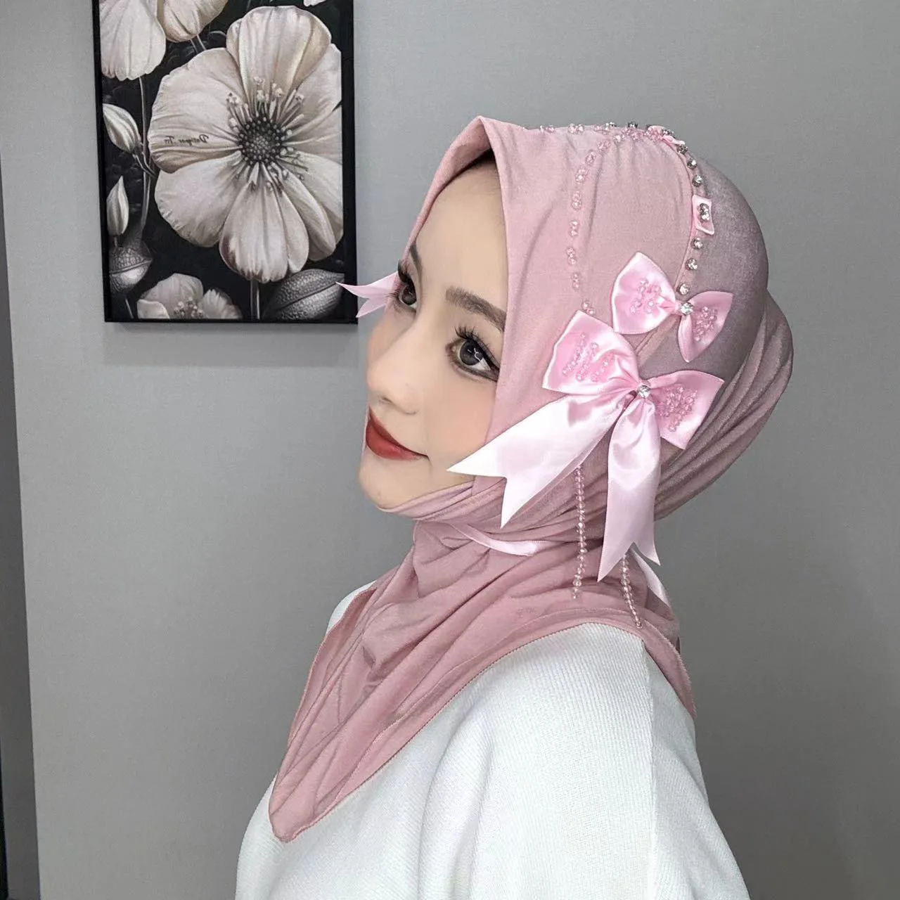 Young Girl Fashion Bow Dubai Hijab Musulman Cap Underscarf