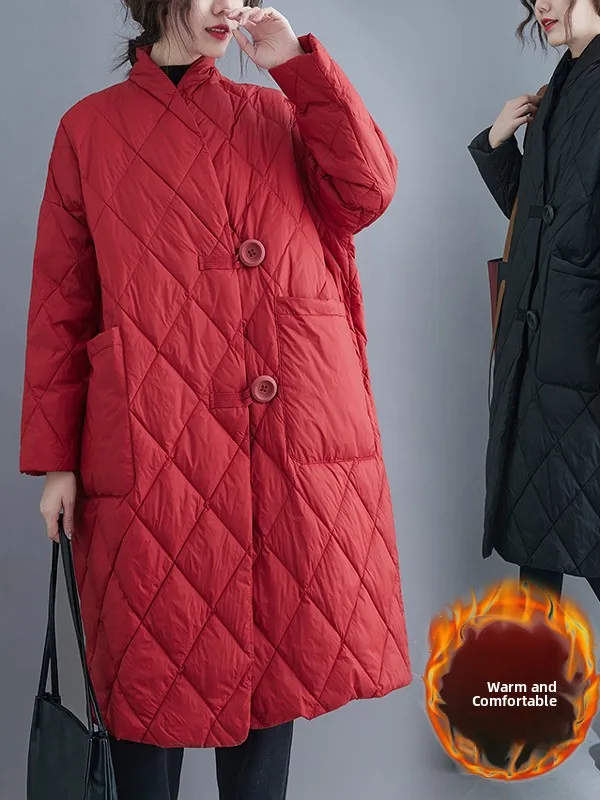 

Lightweight Cotton Jacket Autumn Winter Straight Cut Long Sleeve Stand Collar Pure Color Stitched Pattern Midi Length Coat