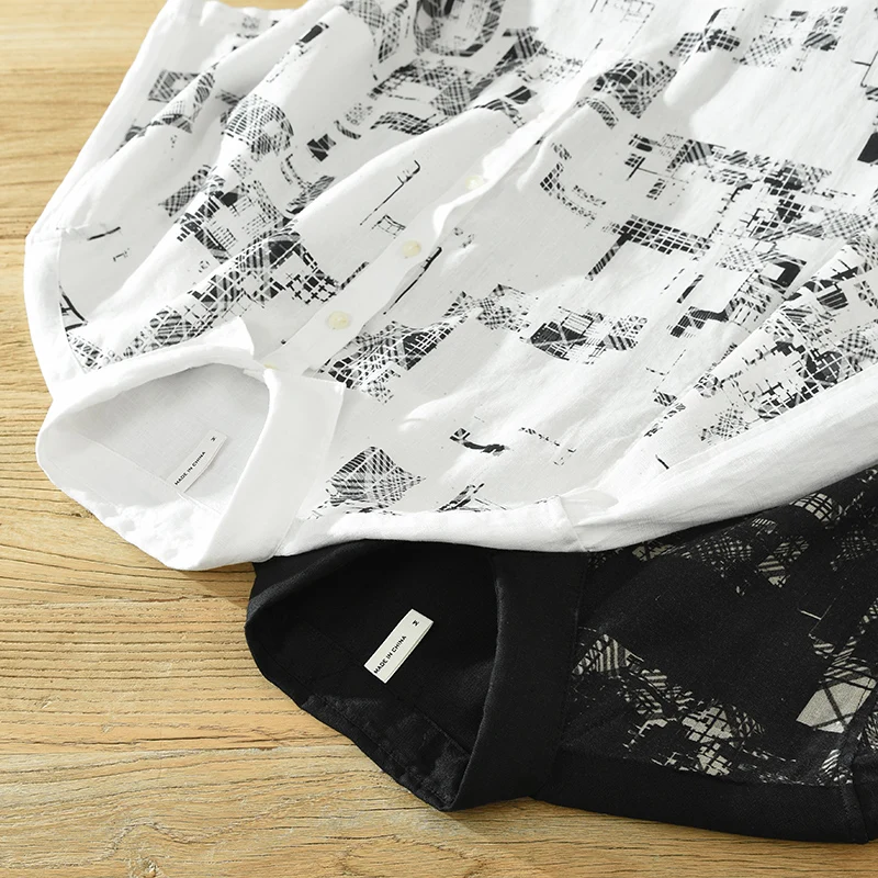 New Designer Short-sleeved Casual Printing Pure Linen Brand Shirts For Men Fashion Comfortable Tops Clothing Camisa Masculina