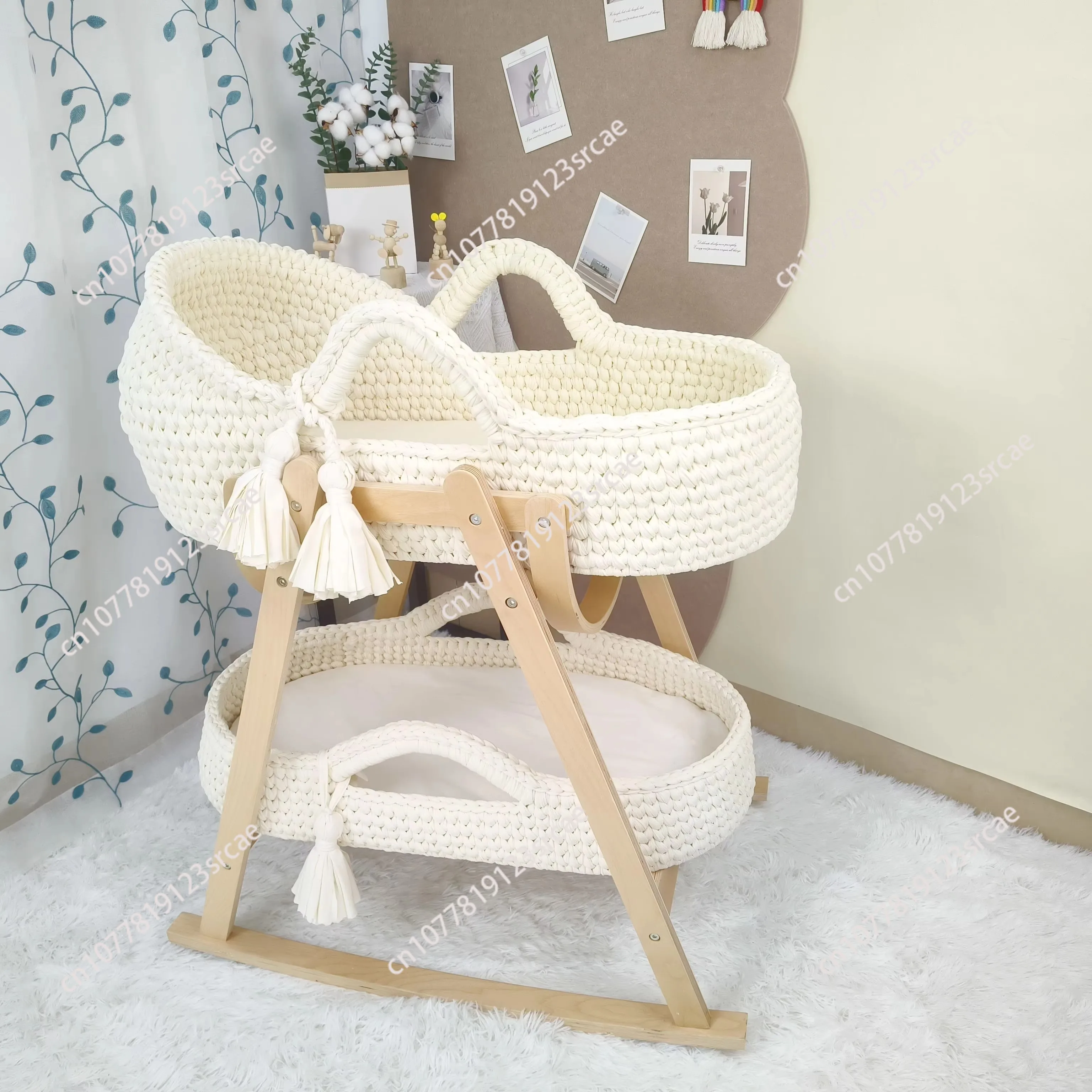 مهد الطفل المنسوجة يدويا البيج الكروشيه السرير المحمولة موسى سلة الوليد المتسكع مع حامل خشبي ومرتبة ناعمة