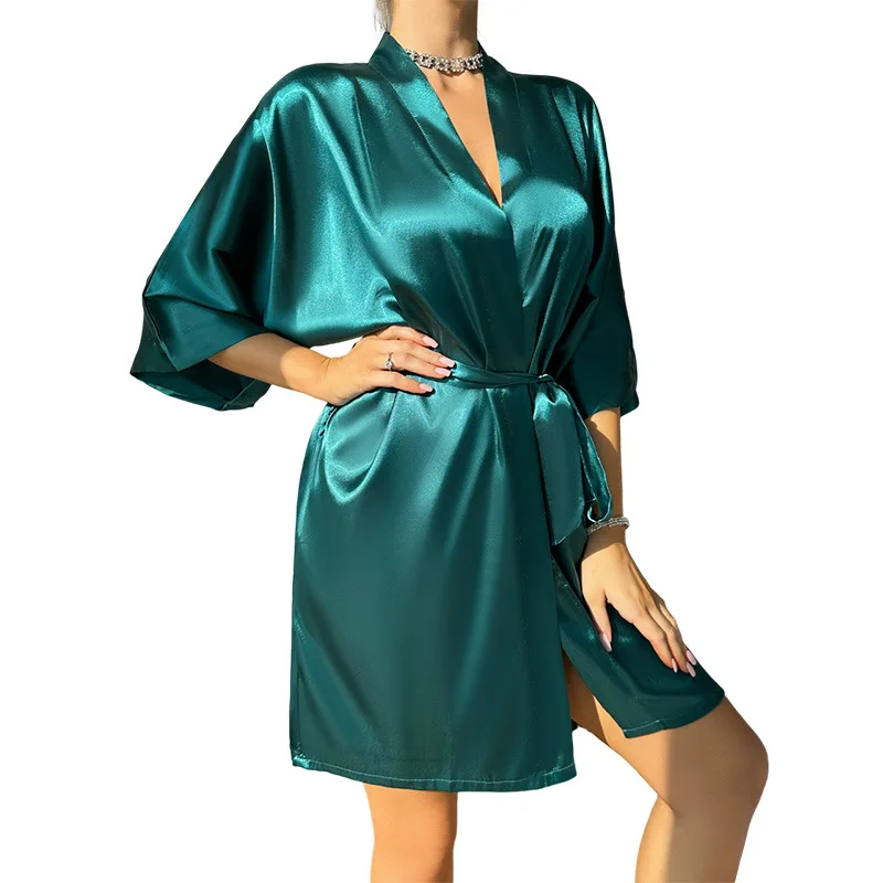 Women\'s Robe Sleepwear Spring Summer Satin Kimono Bathrobe Gown Sexy Green Short Nightgown Intimate Lingerie Casual Home Dress