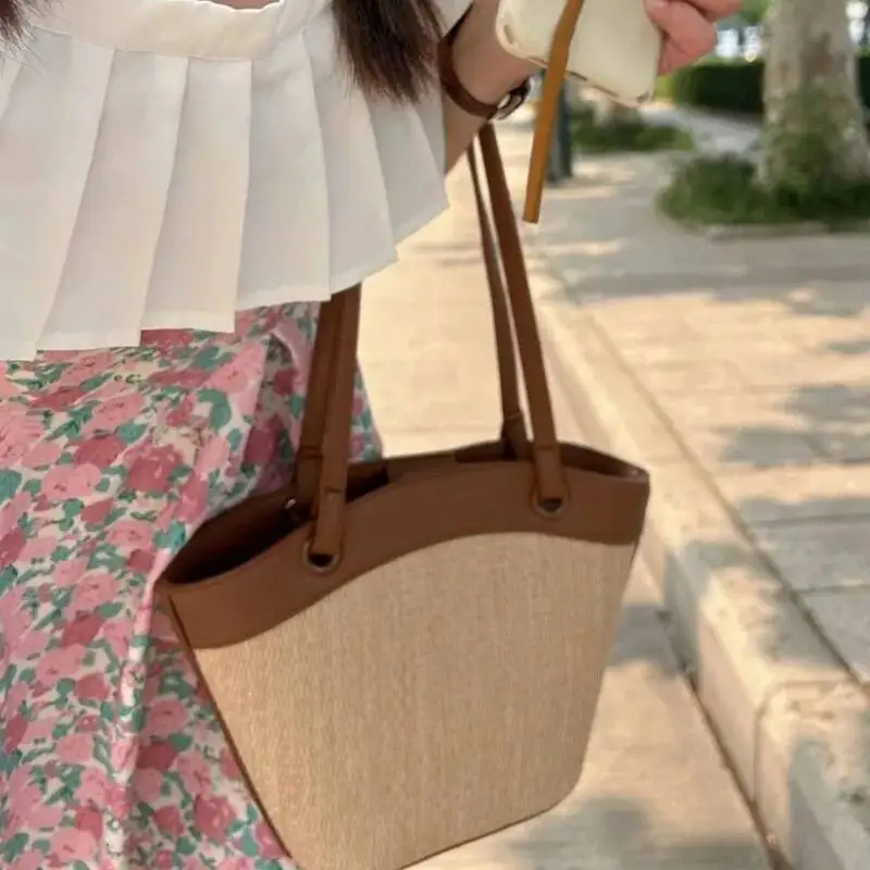 Bloom Vacation Woven Handbag Women Vintage Straw Bucket Bagutte Bag Purse Female Sea Holiday Summer Shoulder Bags 2025
