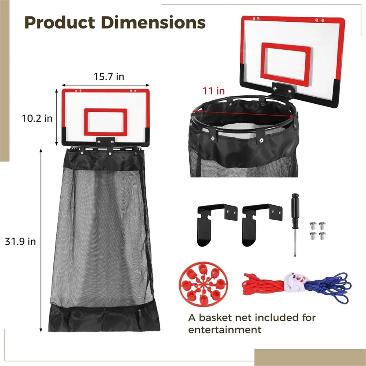 Over the Door Basketball Laundry Hamper with Hoop, Hanging Laundry Basket with Zippered Bottom, Removable Mesh Bag