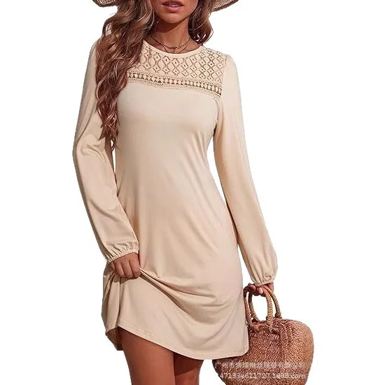 Y2K المرأة جولة الرقبة بلون المرقعة الدانتيل مخرمة عارضة فستان بكم طويل الخريف/الشتاء فستان فضفاض صالح