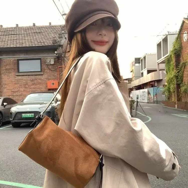 

Korean Vintage Brown Tote Bag Women Suede Large Capacity Pillow Shoulder Bag Ladies Fashion Versatile Commuter Crossbody Bag New