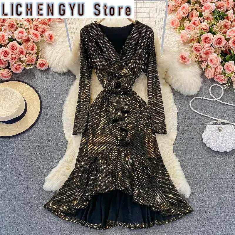 Elegant Fashion Women's Sequins Ruffles Long Sleeve High Waist Fishtail Hip Warp Dress Autumn New Dresses