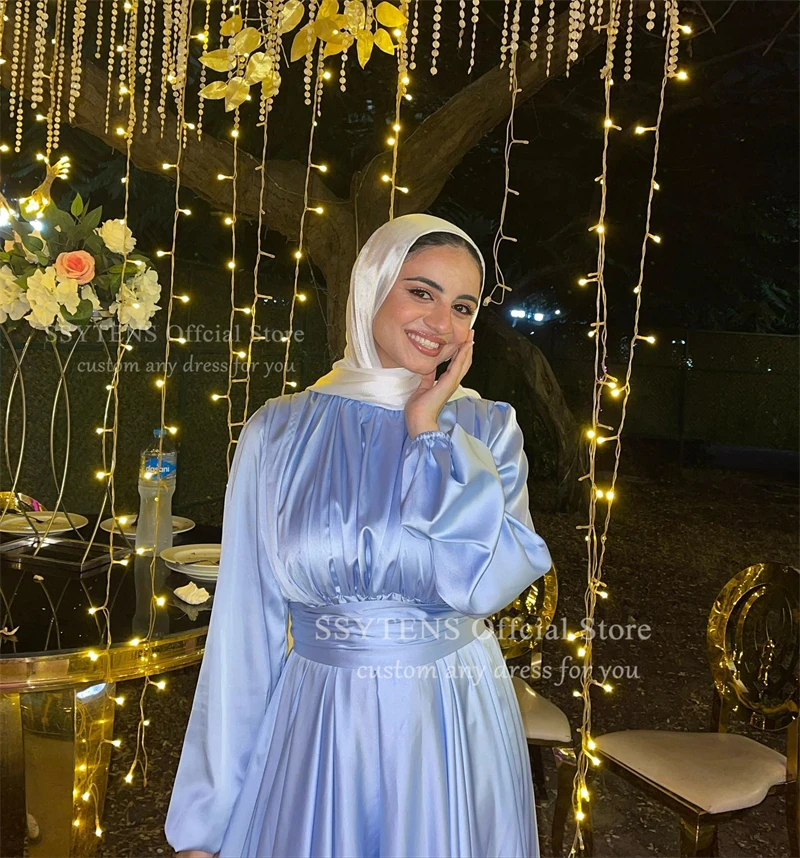 SSYTENS Luxury Blue Satin Evening Prom Dresses Long Sleeves Floor Length Dubai Muslim Event Party Dress for Ramadan Customized