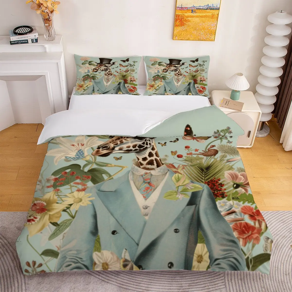 Giraffe Gentleman  Down comforter set large size  Butterflies & Flowers  Printed duvet cover 3-piece set with 2 pillowcases