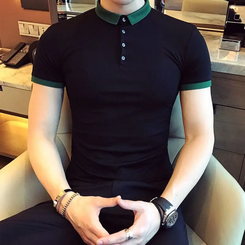 Man with Collar Tee Shirts Plain Streetwear Skinny Original Top Striped Slim Fit Basic Polo T Shirt for Men Gym Cotton Clothing