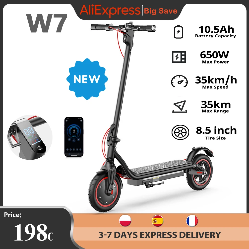 Nuevo Scooter Eléctrico W7 8,5 pulgadas 36V 10.5Ah batería 650W Motor 27-37km rango 4 modos de velocidad 35 KM/H patinetes eléctricos plegables