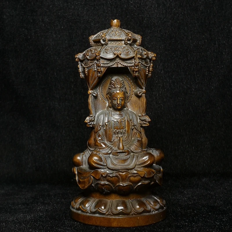 1919 Antique art Size 4 Inch Old Chinese Boxwood Wood Hand Carved 3 Sides Buddha Avalokitesvara kshitigarbha Figure Statue