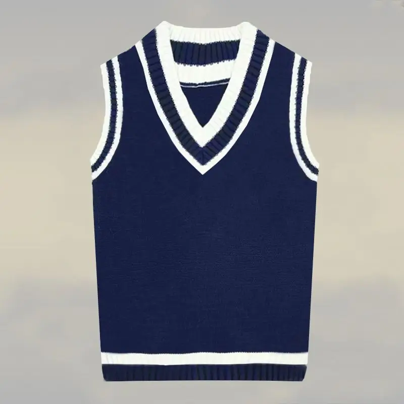 Men's V Neck Knitted Sweater Vest Pure Cotton Preppy Style Slim Fit Pullover Waistcoat Teen Casual Outfit