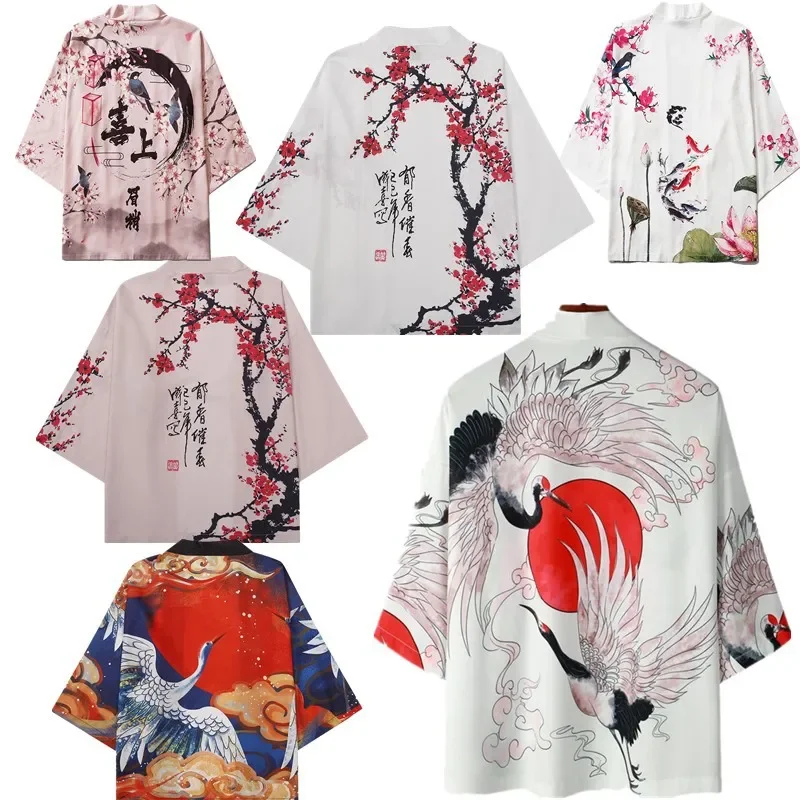 ثوب الكيمونو الياباني سترة يوكاتا الساموراي رجل إمرأة كرين طباعة قميص الشاطئ Haori Harajuku Obi النمط الصيني ملابس الشارع الآسيوية 5XL #1