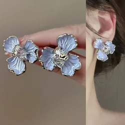 Korean Fashion Blue Enamel Flower Stud Earrings For Women Retro Metal Flower Petal Earrings Exquisite Casual Jewelry Girl Gift