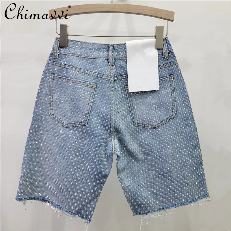 European Hot Full Diamond Rough Edge Jeans Women Shorts Straight-leg Pants Spring and Summer New Fashion High-waisted Half Pants