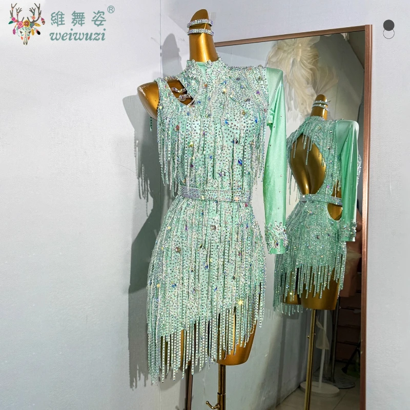 

Latin Dance Long Sleeved Dress for Women Customized High-end Full Diamond Tassel Dresses Adult Tango Samba Performance Costumes