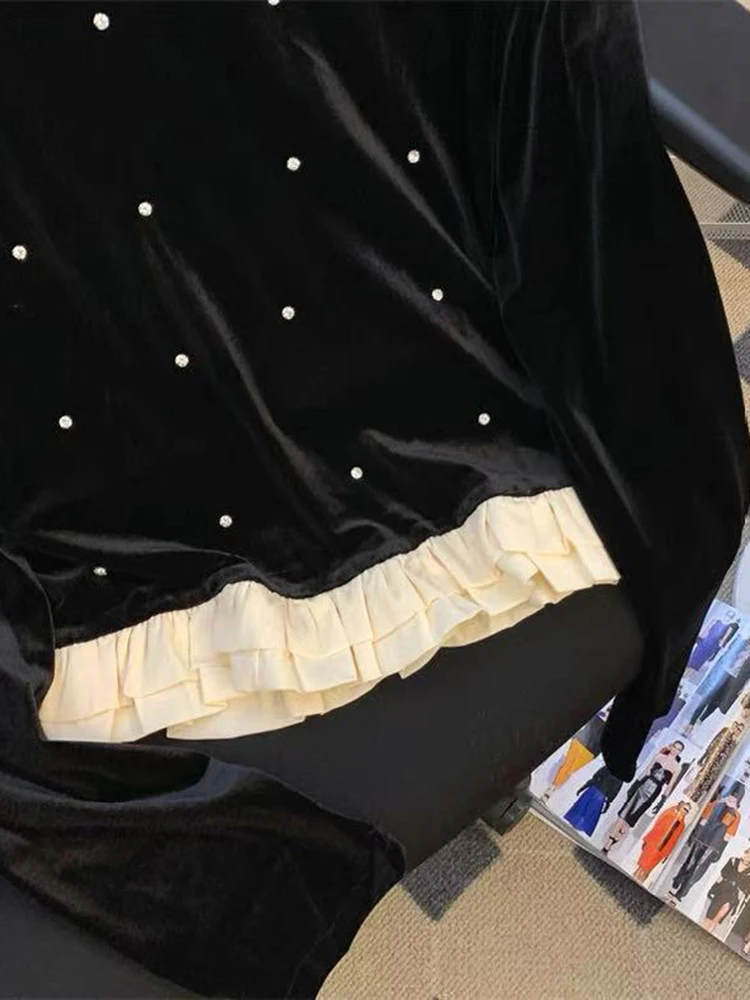 Camicetta patchwork in velluto nero donna Y2K coreano chic splicing crop top autunno manica lunga camicia femminile impreziosita da diamanti novità