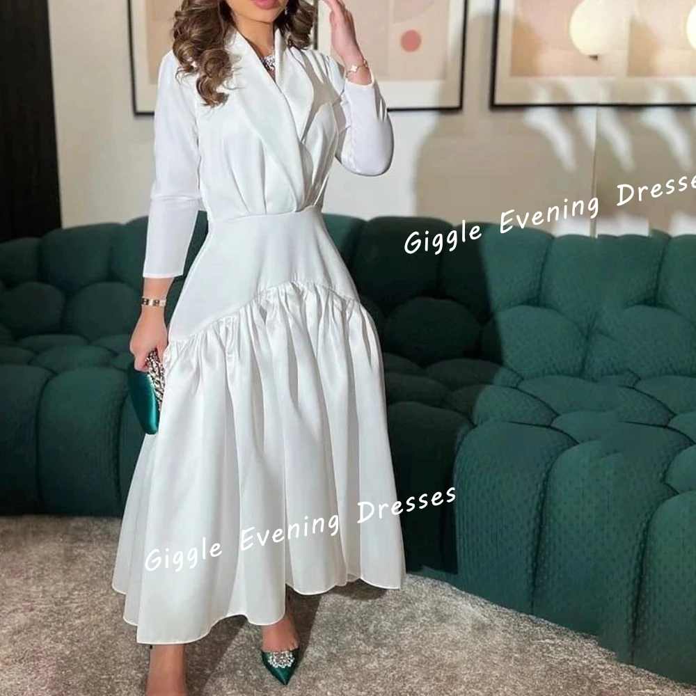 

Giggle Satin V-Neck Elegance A-Line Draped Prom Gown Saudi Arab Summer Pretty Ankle-Length Evening Party Dresses for Women 2024