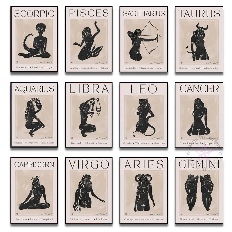 Nordic Constellation Posters 12 Zodiac Sign Painting Canvas Prints Astrology Cancer Leo Libra Virgo Aquarius Wall Art Home Decor