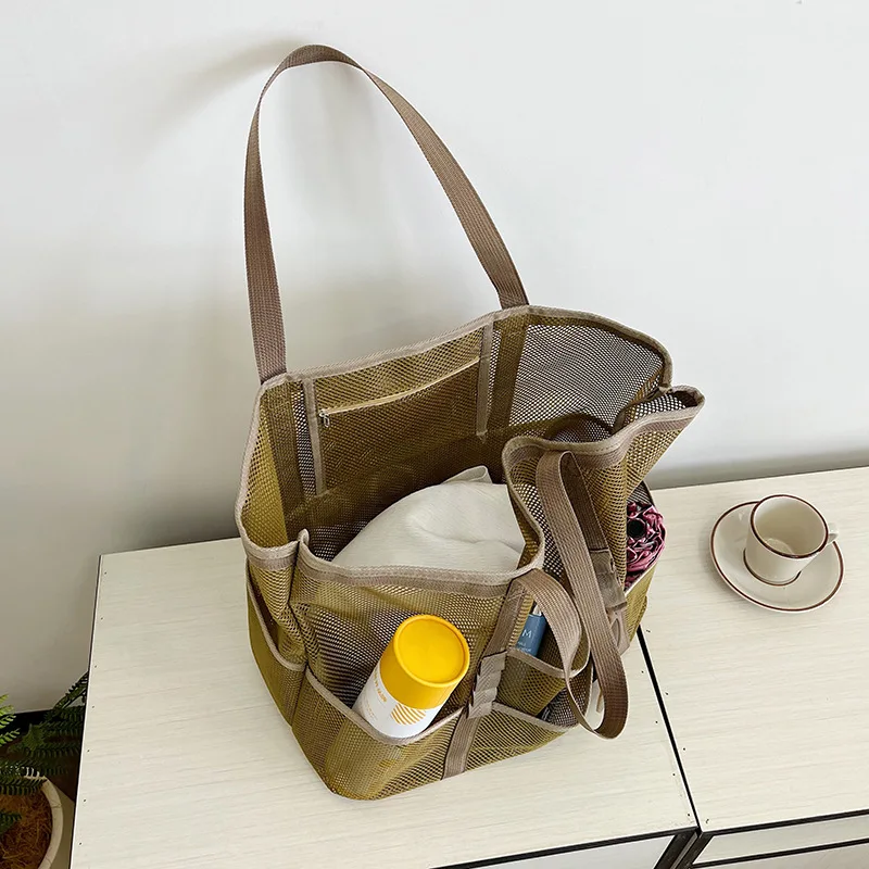 Large Capacity Canvas Beach bag Versatile Commuting Shopping Shoulder bag Lightweight Semi Transparent Mesh Hollow bag