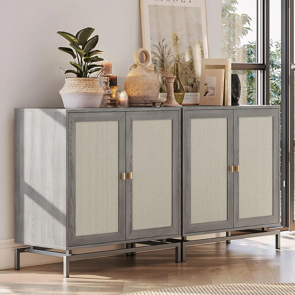 Set of 2 Sideboard Buffet Cabinet with Rattan Doors, Boho Buffet Table with Metal Base and Adjustable Shelves Accent Cabinet Cr