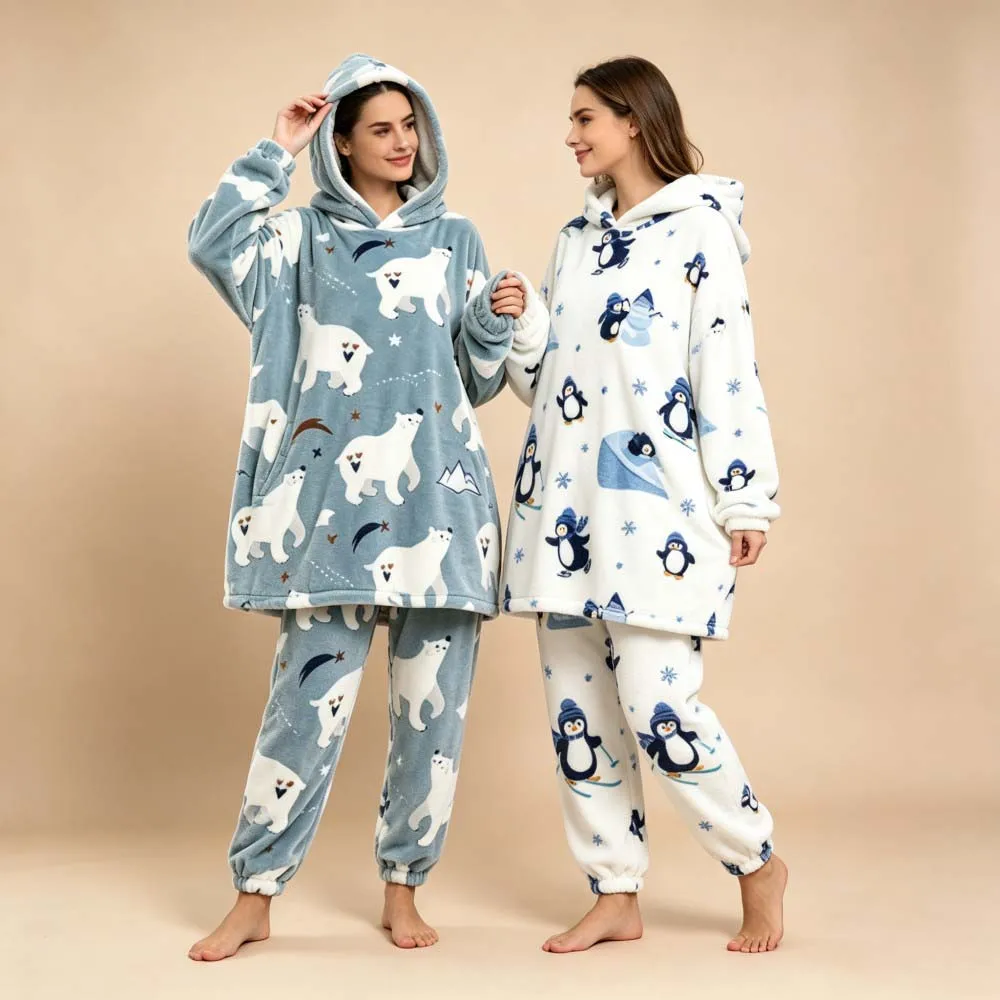 Couples Pajamas Matching Set Panda Cartoon Winter Pyjama Cute Long Sleeve Warm Thick Pijamas Man And Woman Grey Yellow Nightwear