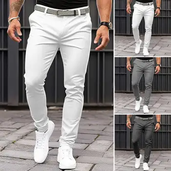Pantalones de traje ajustados para hombre, pantalones de traje de Color sólido con bolsillos inclinados de tiro medio, mosca con cremallera para ropa de trabajo de oficina de negocios