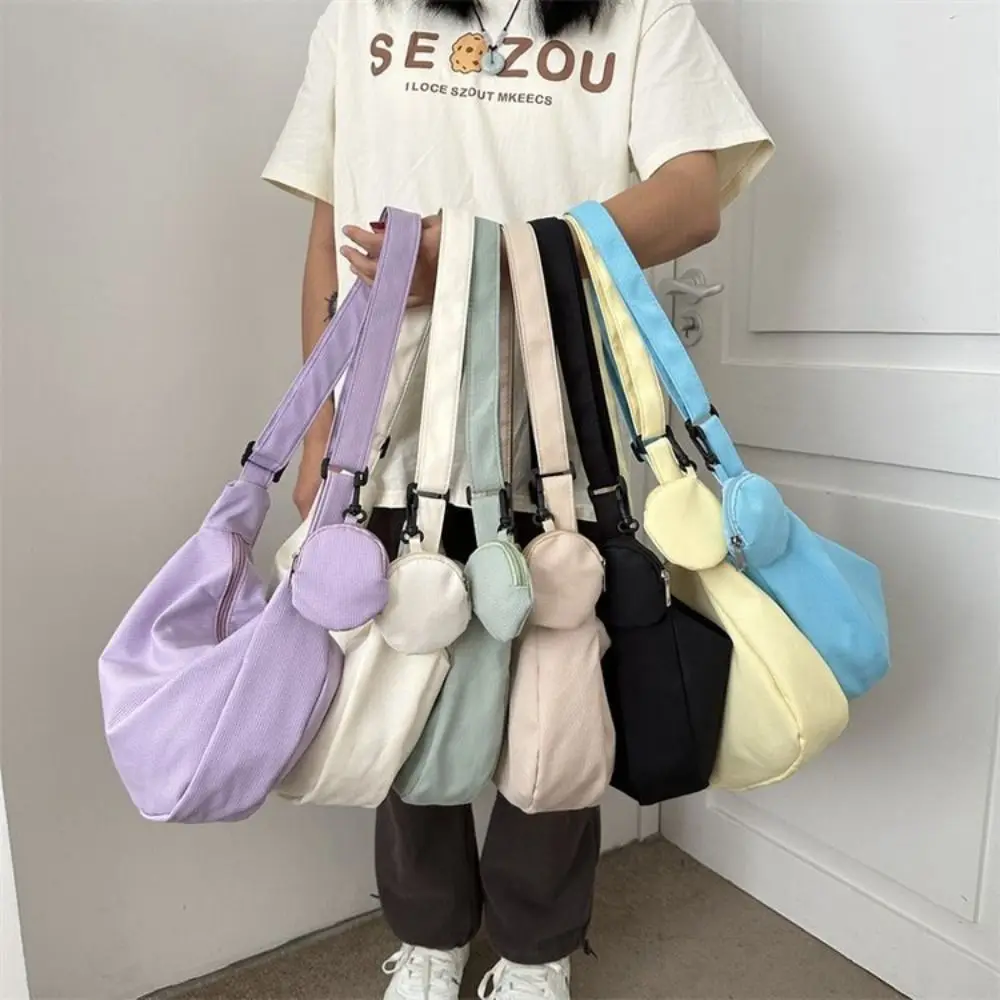 

Korean Style Lightweight Shoulder Bag Large Capacity Cream Color Canvas Bag with Coin Purse Solid Color Handbag