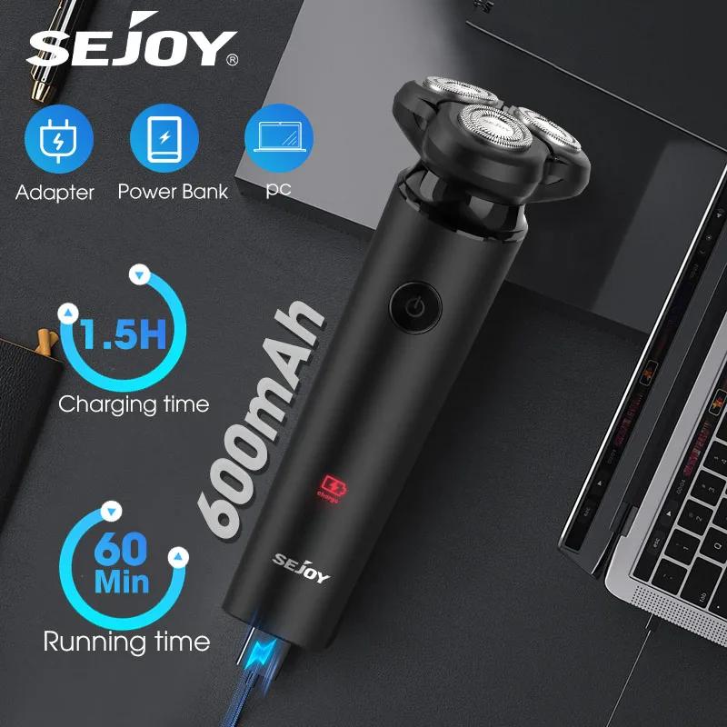 Sejoy ماكينة حلاقة كهربائية ثلاثية الأبعاد شفرة عائمة قابلة للشحن ماكينة تشذيب كهربائية من النوع C قابلة للغسل ماكينة حلاقة اللحية الدوارة