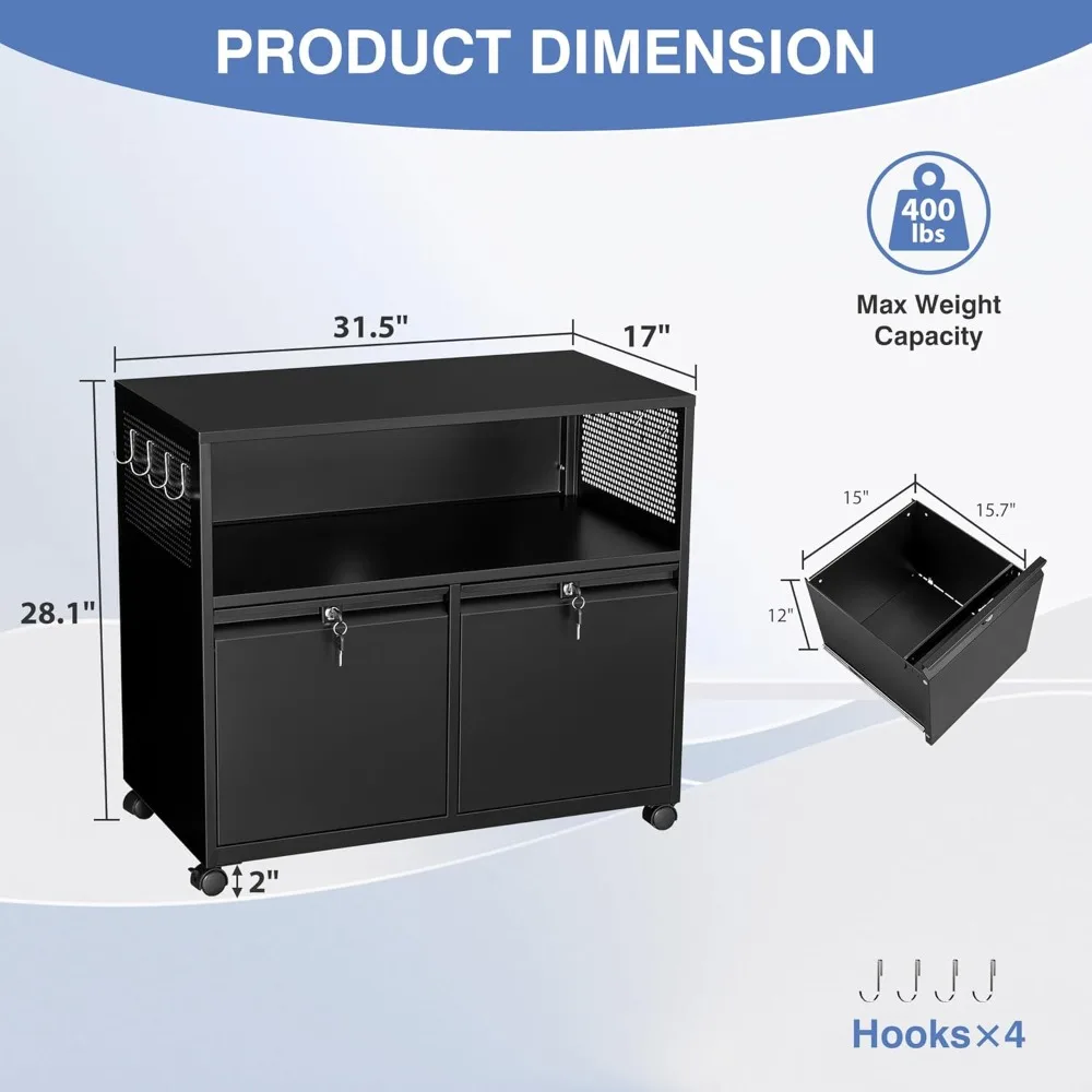خزانة ملفات معدنية ذات درجين مع قفل، وخزانة تخزين بحامل الطابعة الدوارة مع أرفف للمكتب المنزلي، وحجم الحروف