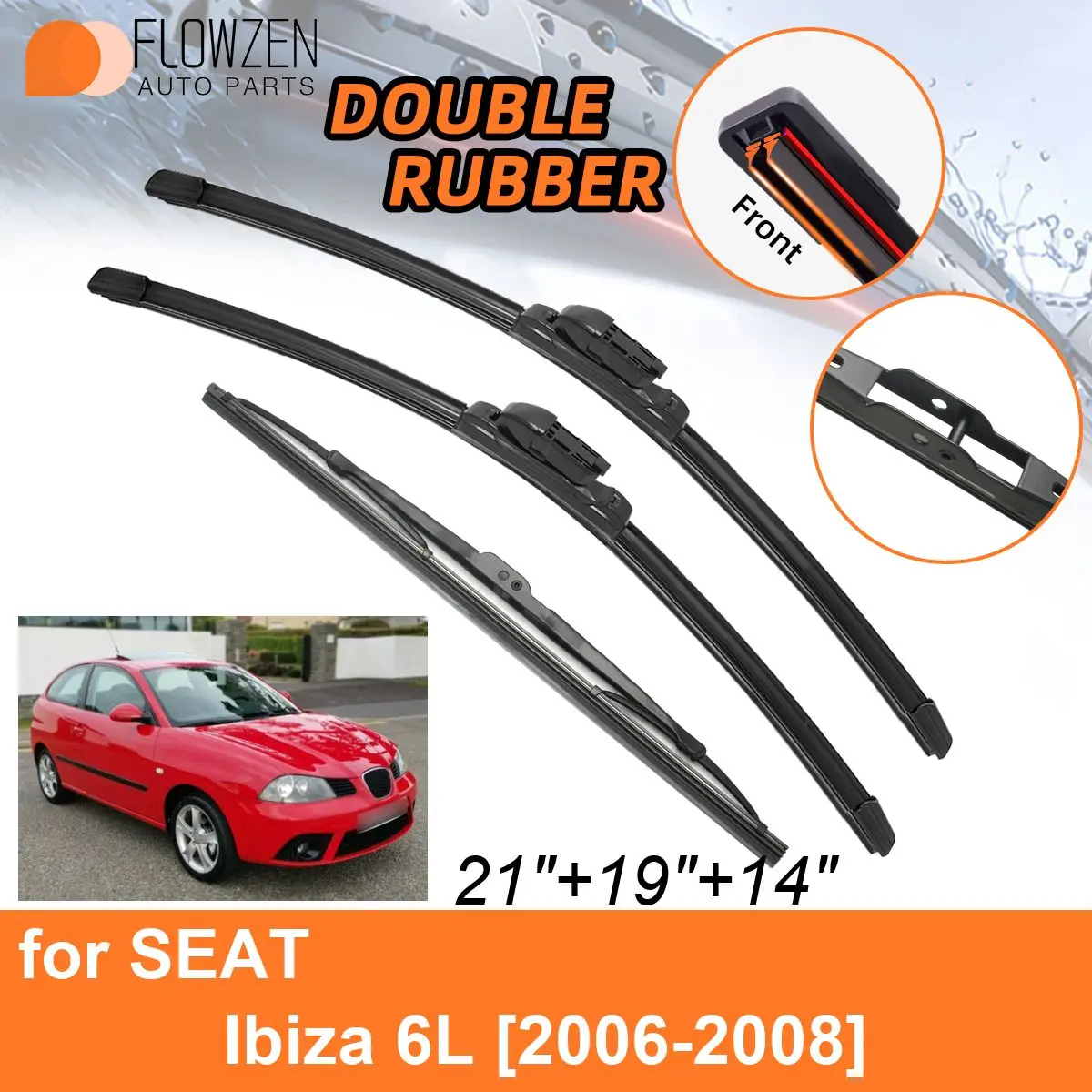 Double Rubber Car Wiper Blades for SEAT Ibiza 6L 2006-2008 Front Rear Blades Washers Windscreen Accessories 2006 2007 2008