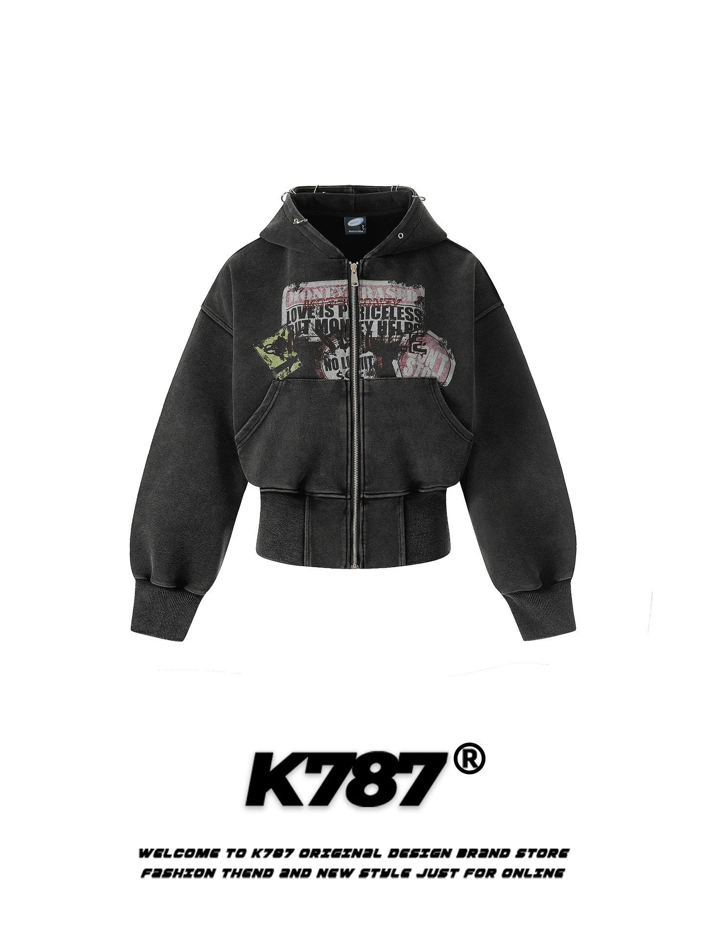 K787 American Retro Rusted Letter Print Hoodie Women Early Spring Slimming Short Jacket Street Style Long Sleeve Zipper Closure