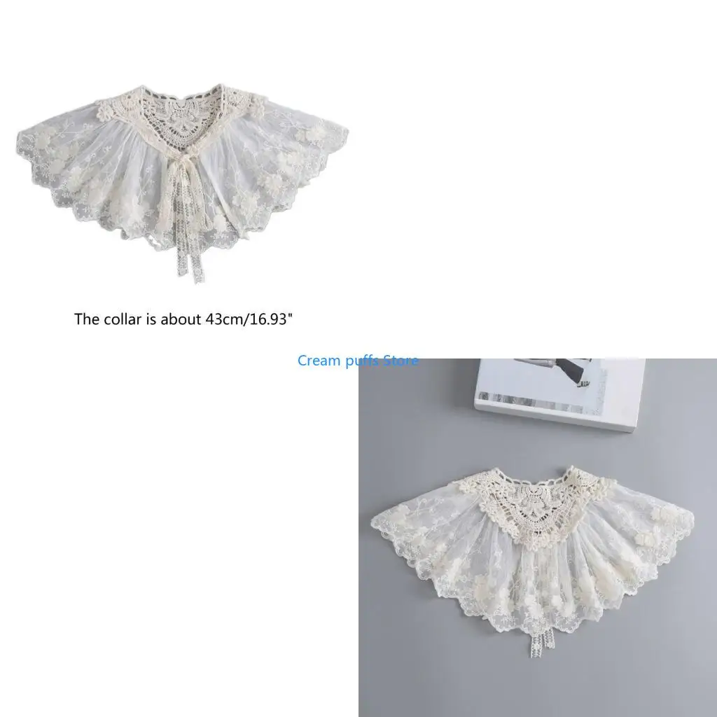 50LE Embroidery Floral Lace Pleated Capelet Women Summer Lace-Up False Collar Shawl