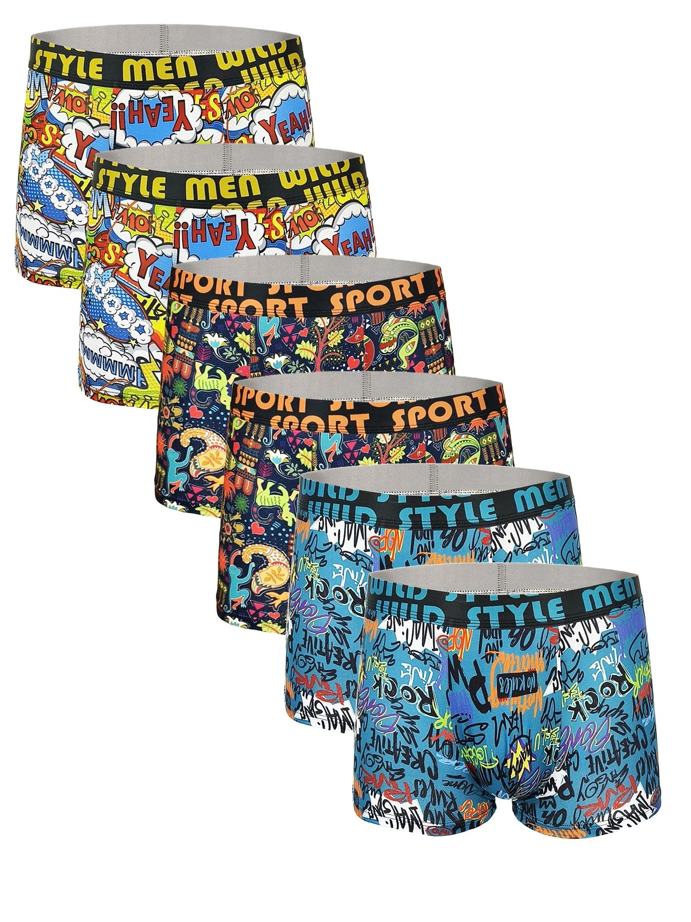 

Мужские трусы-боксеры из 6 предметов из полиэстера — комплект нижнего белья разных цветов с граффити и комиксами в стиле поп-арт и поясом «СТИЛЬНЫЕ мужчины»