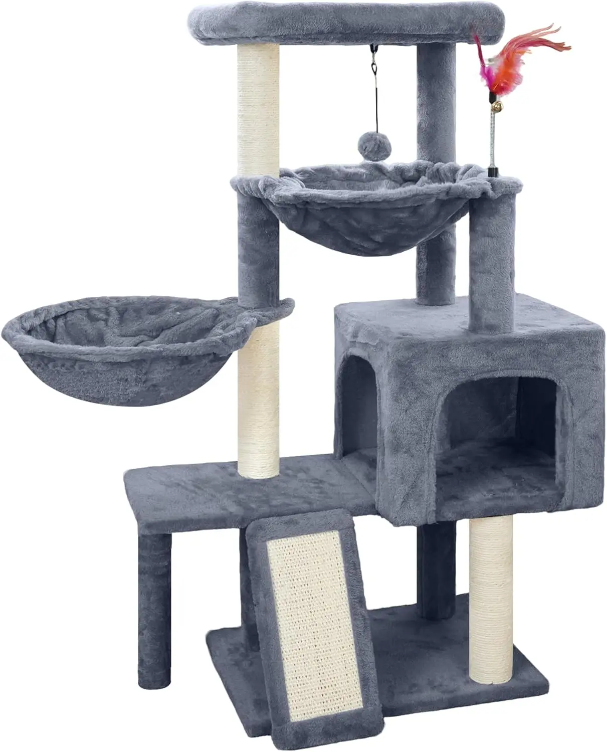 

Cat Tree with Cat Condo and Two Hammocks, Cat Tree with Scratching Posts and Scratching Pads, Tower for Indoor