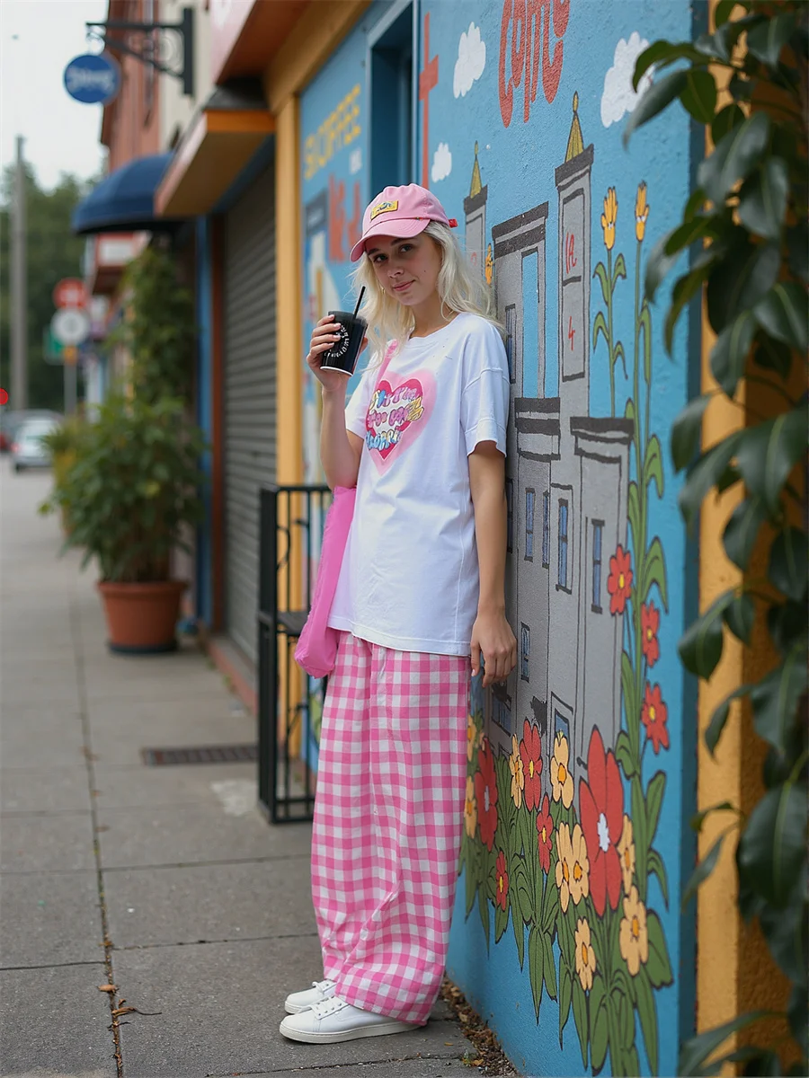 Pantalones Casual Mujer Azul Rosa Cuadros Pierna cónica Diseño en forma de silueta Material suave cómodo Ajuste relajado Uso diario