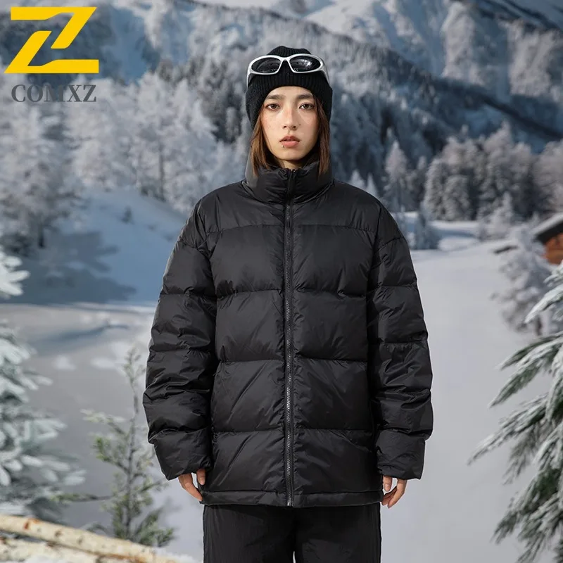 COMXZ Couple Long Down Jacket New Classic Splicing Hooded Thickened Warm Parka Outdoor Camping Windproof Windbreaker