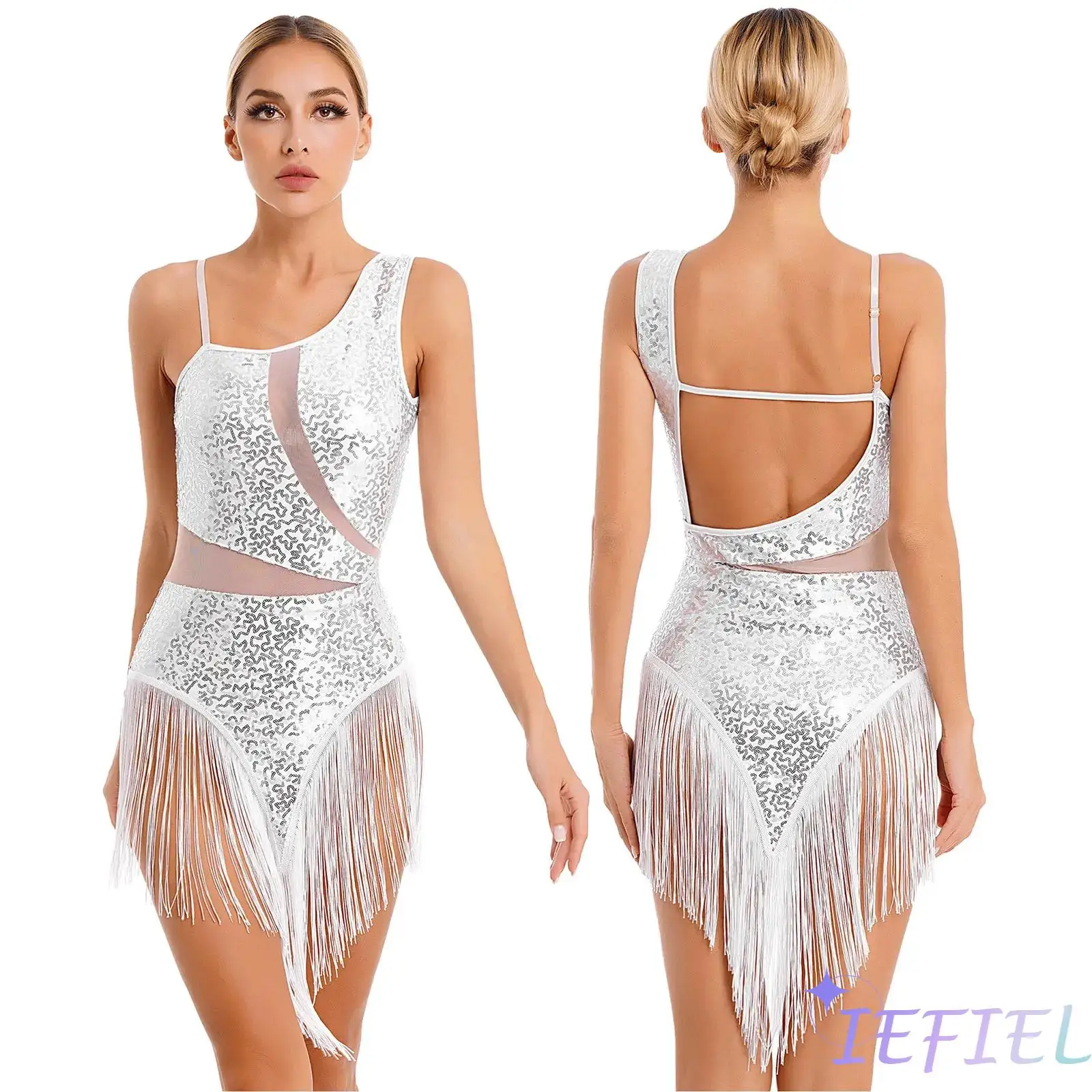 Women's Latin Jazz Tango Dance Performance Costume Sequin Fringed Party Dress Asymmetric Lyrical Modern Contemporary Dancewear