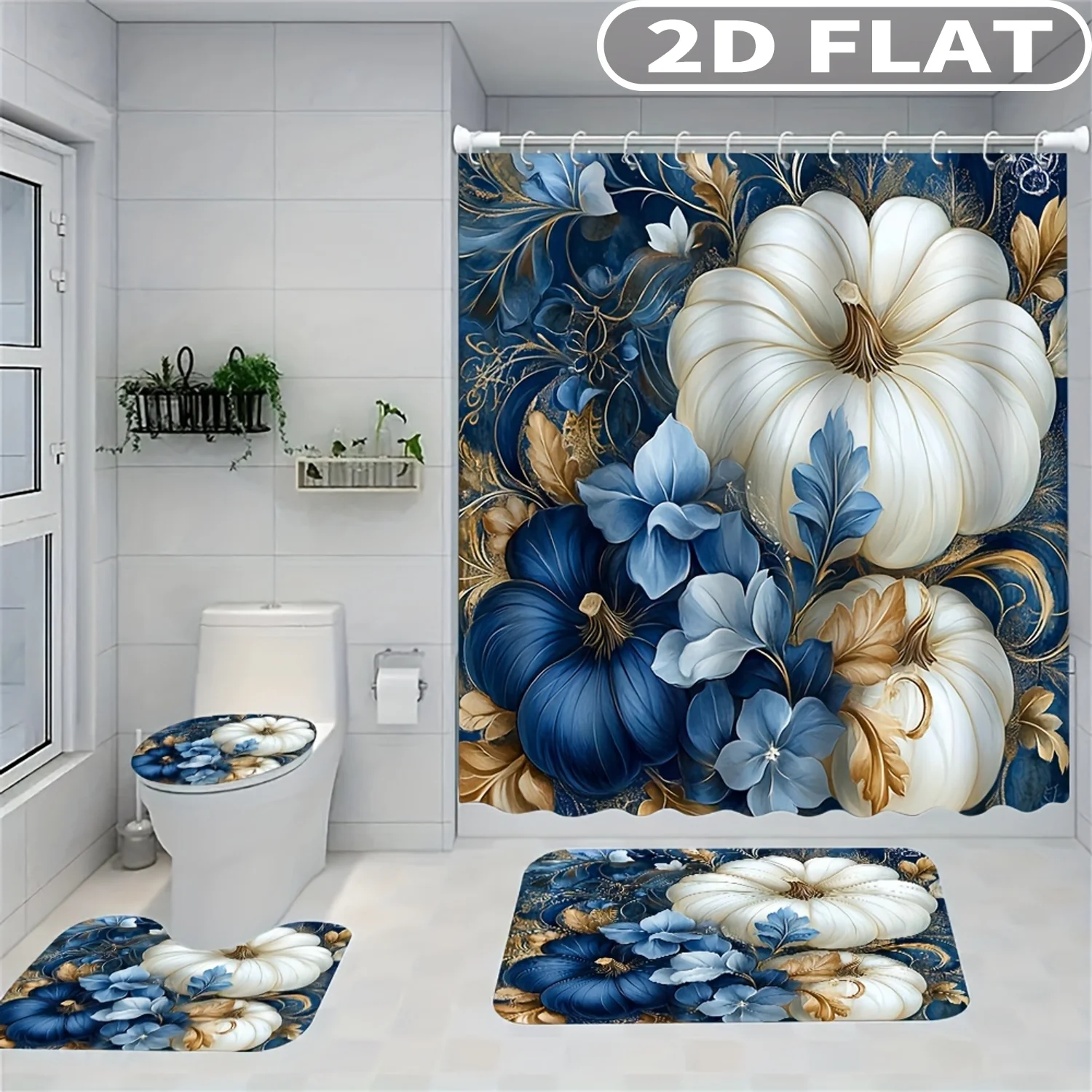 

1pc/ 4pcs 2D FLAT Blue Pumpkin Floral Pattern Pattern Shower Curtain Set, Accessories with Bath Mat, U-shaped Mat, Toilet Lid Co