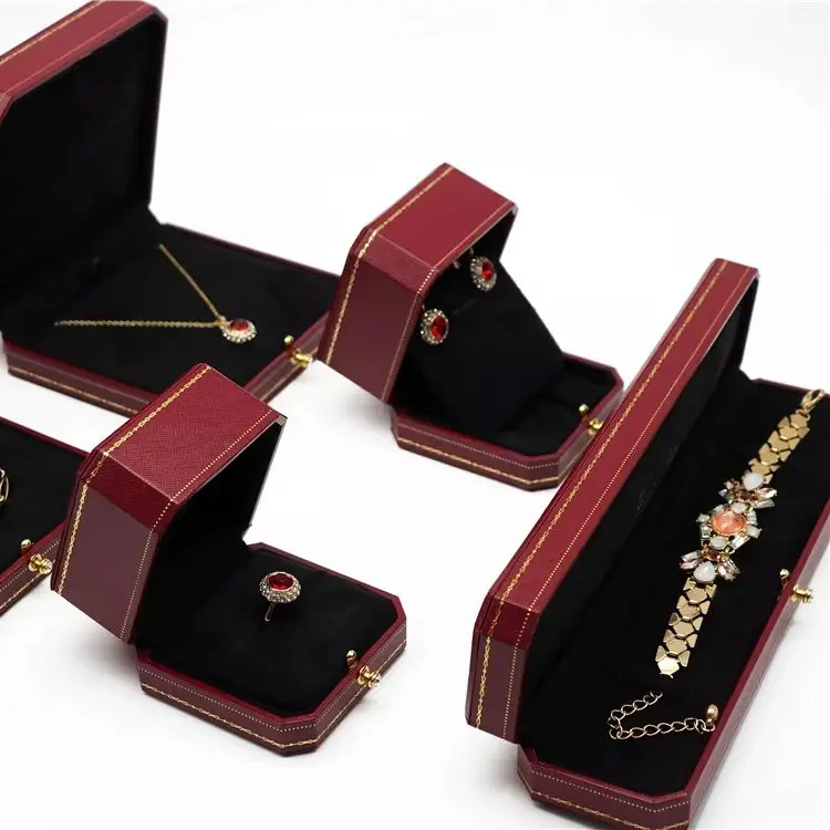 (5pcs) (Ca figure) Red Octagonal Diamond Studded Snap Ring Box, Ring Packaging Box, Wedding Ring Box