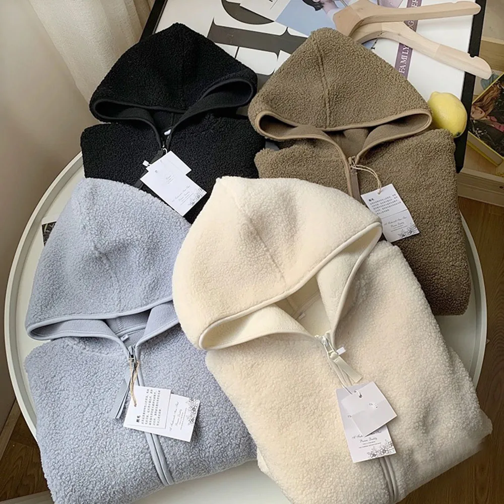 Women Solid Color Fleece Hooded Jacket Zip Up Hoodie Coat Casual Loose Long Sleeve Warm Outerwear Autumn Winter Daily Wear